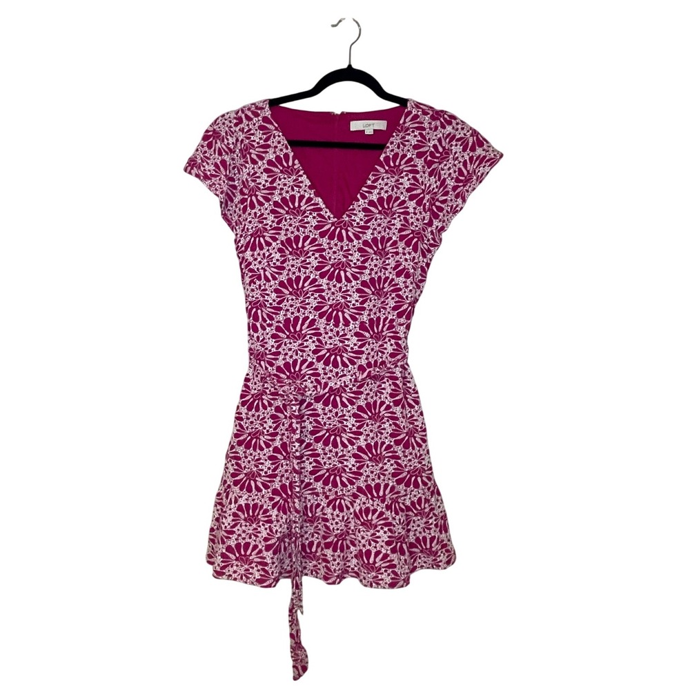 Loft Dress Size 10 Pink White Floral Cotton Short Sleeve Belted V Neck Ruffle